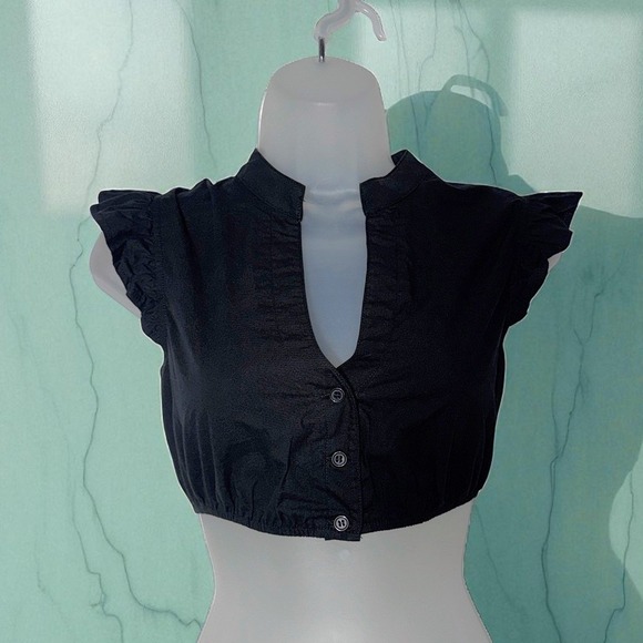 New XL Black Ruffle Sleeve Dirndl Undershirt Top Oktoberfest V Neck Blouse - Picture 4 of 6